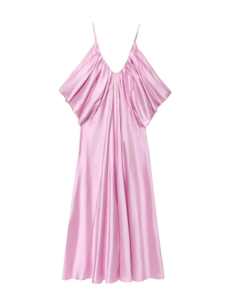 Elegant Backless Evening Dress for Women V Neck Sleeveless High Waist Patchwork Folds Loose Maxi Dresses Female New