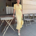 Short Sleeve Knitted Long Dress Female Slim Hollow Retro Elegant Sweater Dress 2025 Summer New High Waist Women‘s Dress