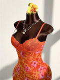 Lace Patchwork Print  Dress Women Sexy Trend Low-Neck See Through  Beach Vacation Party Clubwear Peach Hip Bodycon