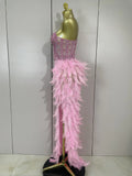 Women Sexy Elegant Evening Party Luxury Birthday Photo Shoot Performance Costume Sparkly Rhinestone Feather Mesh Long Dress
