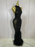 Luxury Sparkly Red Rhinestones Feather Sexy Mesh See Through Long Dress Women Birthday Evening Nightclub DJ Dancer Stage Costume