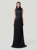 Sexy Stand Collar Flowers Pleated Patchwork Long Dress Women Sleeveless Folds Slim Elegant Dresses Evening Party Gowns