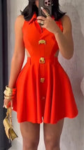 Women Stylish Short Skirts Metal Buckle Buttoned Formal Outwear Ladies Hollowed-out Lapel Shirt Party Evening A-Line Dress