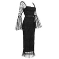 Women's Black Sheer Mesh Trumpet Sleeve Square Neck Waist-Cinching Dress Elegant Evening Performance Gown Vestidos De Bienvenida