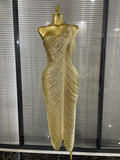 Shining Sequins Tassels Women Sexy One Shoulder Bodycon Long Bandage Dress Elegant Evening Party Celebrate Cocktail Outfit