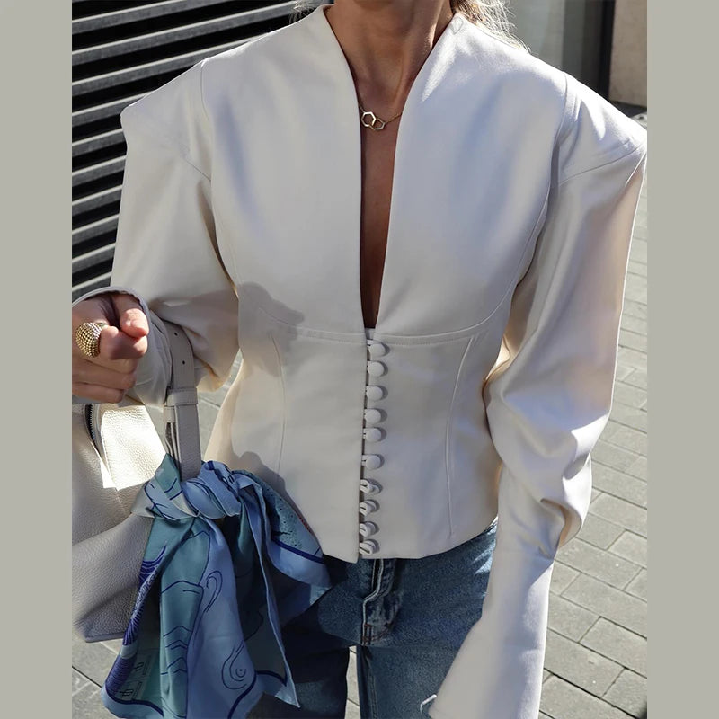 Fashion Wide Shouldered Jacket Shorts Sets Women V-neck Puffy Sleeve Single Breasted Tops Short Pants Summer Lady Outfits