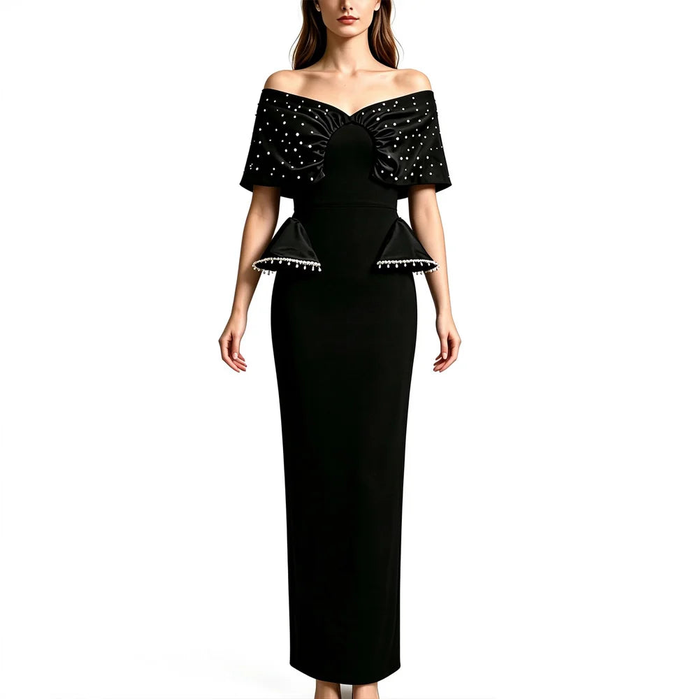 Elegant Off-the-Shoulder Beaded Bandage Evening Dress Diamond Embellished Backless Wrap Pleatd Split Bodycon Formal Party Gowns