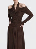Elegant Women Folds Solid Slim Maxi Dresses Women Halter Neck Long Sleeve High Waist Long Dress Female Party Prom Gowns