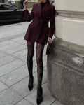 Burgundy Slim Fit Women Blazer Notched Lapel Single Breasted With Pockets Loose Hem Elegant Coat Banquet Outfit Female Clothing