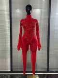 Singer Show Leotard Gogo Drag Queen Outfit Women Sexy Red Rhinestone Jumpsuit Stage Performance Costume Bar Club Birthday Party