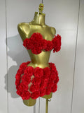 Women Sexy Red 3D Flowers Top Mini Dress Two Piece Set Eveing Party Girls Birthday Nightclub Stage Dress Holiday Photo Shoot Set