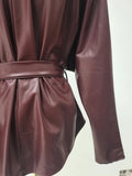 American Retro Burgundy Leather Jacket for Women Stand Collar Long Sleeves Slimming Design Coat Female Winter New