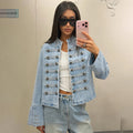 Cropped Denim Jacket Women Stand Collar Bell Sleeves Double Breasted Splicing Retro Fashion Biker-Style Coat Autumn 2026