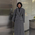 Grey Double-Breasted Long Coat with Notched Lapels