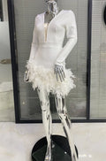 Women's 2-Color Glam V-Neck Gorgeous Feather Skirt Bandage Mini Dress Fashion Party Evening Performance Dress Women Glam Dresses