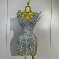 Sexy Strapless Mesh See Through Eveing Birthday Party Nightclub Stage Costume Women Sparkly Silver Rhinestone Sequins Mini Dress