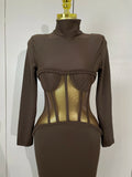 New Sexy Mesh See Through Brown Bodycon Long Sleeve Dress Women Celebrity Elegant Evening Party Luxury Birthday Fancy Club Gown