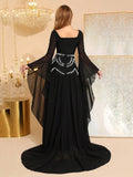 Beaded Spliced Folds Temperament Dresses For Women Square Collar Extra-Long Sleeves Patchwork Dress Female Clothing