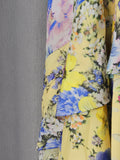 Yellow Floral Print Puff Sleeve Maxi Dress for Women Deep V Neck High Waist Asymmetrical Ruffle Hem Skirt for Garden Parties