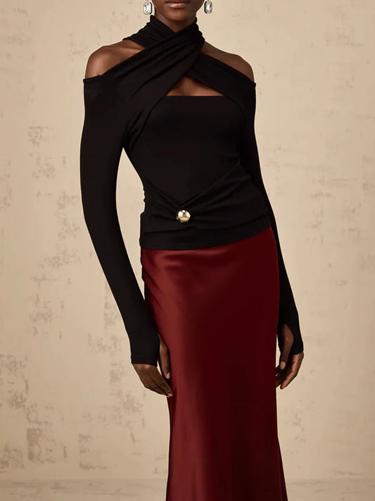 Sexy Off Shoulder Hollow Out Slim T Shirt for Women Halter Long Sleeve Spliced Metal Buckle Temperament Tees Female Fashion