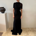 Luxury Galas Event Black Sheer Mesh Ruched Maxi Dress for Women O Neck Short Sleeves Bodycon Silhouette Skirt for Red Carpet