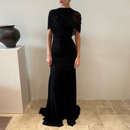 Luxury Galas Event Black Sheer Mesh Ruched Maxi Dress for Women O Neck Short Sleeves Bodycon Silhouette Skirt for Red Carpet