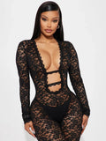 Sexy Jacquard Jumpsuit Women Sexy Mesh Patchwork Low-Neck Hollow Full Sleeve Skinny Midnight Party Clubwear Overalls