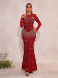 Luxury Diamonds Bandage Formal Evening Dress Mesh Long Sleeves Mermaid Women's Gowns Elegant Wedding Party Dress