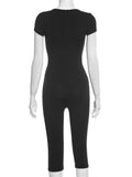 Weird Puss Irregular Low-Neck Playsuit Women Trend Wild Sexy Short Sleeve Patchwork Classic Fashion Simple Stretch Streetwear