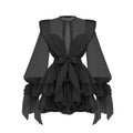 Fashion Women Ruffles Short Dress Elegant O-Neck Lace Up Lantern Long Sleeve Mini Vestido Chic Female 2025 Solid Dresses