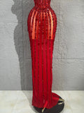 Women Red Strapless Mesh Mermaid Maxi Dress Vertical Red Rhinestone Long Gown Birthday Party Prom Singer Stage Evening Outfit