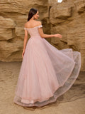 Sexy Shoulder Bared Formal Evening Gown with Asymmetrical Hem Tulle Ball Dress Glitter Birthday Party Christmas Dresses
