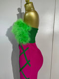 Luxury Celebrity Evening Party Birthday Dresses Women Sexy Green Feather Strapless Color Block Plaid Bodycon Midi Bandage Dress