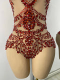 Sparkly Red Rhinestones Women Sexy Mesh See Through High Stretch Bodysuit Nightclub Performance Dance Costume Singer Stage Wear