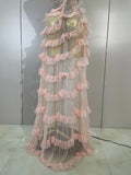 Sexy Strapless Mesh Ruffled Pink Long Dress Sparkly Diamond Birthday Evening Party PhotoShoot SeeThrough Nightclub Stage Costume