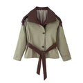 Grey Contrast Cropped Trench Coat Women Lapel Double Breasted Jacket Lady Autumn Winter Daily Lady Streetwear Outerwear 2026 New
