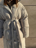 Warm Stand Neck Cotton Long Coats Women Elegant Single Breasted Zipper Belt Lace Up Outwear Female Winter Chic High Streetwear