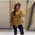Women Suede Jacket Stand Collar Asymmetric Button Belted Waist Peplum Hem Long Sleeve Loose Retro Casual Outerwear Fashion Coat
