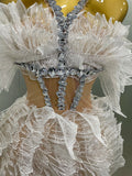 Sexy Shining Gold Crystal Transparent Wings Mini Dress 2025 Women Birthday Party Bar Nightclub Singer Stage Performance Costume