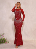 Luxury Diamonds Bandage Formal Evening Dress Mesh Long Sleeves Mermaid Women's Gowns Elegant Wedding Party Dress