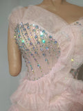 Sparkly Diamond Strapless Mesh Ruffled Pink Long Dress Birthday Evening Party PhotoShoot See Through Bar Nightclub Stage Costume