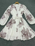 Casual V Neck Floral Embroidery Puff Long Sleeves Mini Dress for Women Lace Trim Button Front Dresses for Summer Vacation