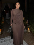Irregular Brown Lace Uppleated Maxi Dresses Elegant Women's Full Sleeve Slim Fit Patchwork Robes 2025 New Evening Party Gowns