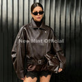 Chic Street Fashion Girls Brown Cropped Faux Leather Jacket Women Funnel Neck Loose Motorcycle Short PU Leather Coat