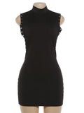 Metal Hollow Dress Woman Sexy Patchwork Summer O-Neck Sleeveless Skinny Peach Hip Midnight Club Party Mini Bodycon