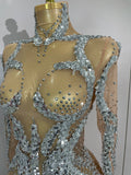Sparkly Rhinestones Sexy Mesh Transparent Mini Dress Eveing Birthday Party Dance Nightclub Fashion Show Stage Costumes