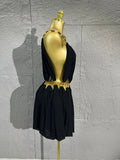 Lady's Sexiness Gold Metal Ring Decor Chiffon Cutout WaistMini Dress Suitable Women Cocktail Dinner Party Performance Outfit