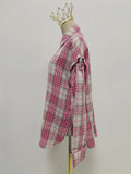 American Streetwear Pink Plaid Shirt for Women Lapel Removable Designer Long Sleeve Casual Shirts Female Fashion