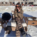 Fashion Leopard Print Ski Suit Women Stand Collar Hooded Zipper Coat Chic Slim Pants 2026 Winter Warm Casual Sport Windproof Set