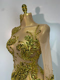 Women Sexy Long Sleeve Gold Rhinestone Dress Luxury Birthday Party Costume Bar Nightclub Celebrity Stage Performance Outfit